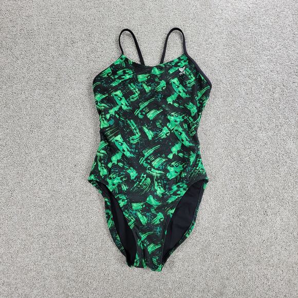 TYR Draco Cutoutfit One Piece Swimsuit Womens 30 Green Abstract Print Low Back - Picture 11 of 13